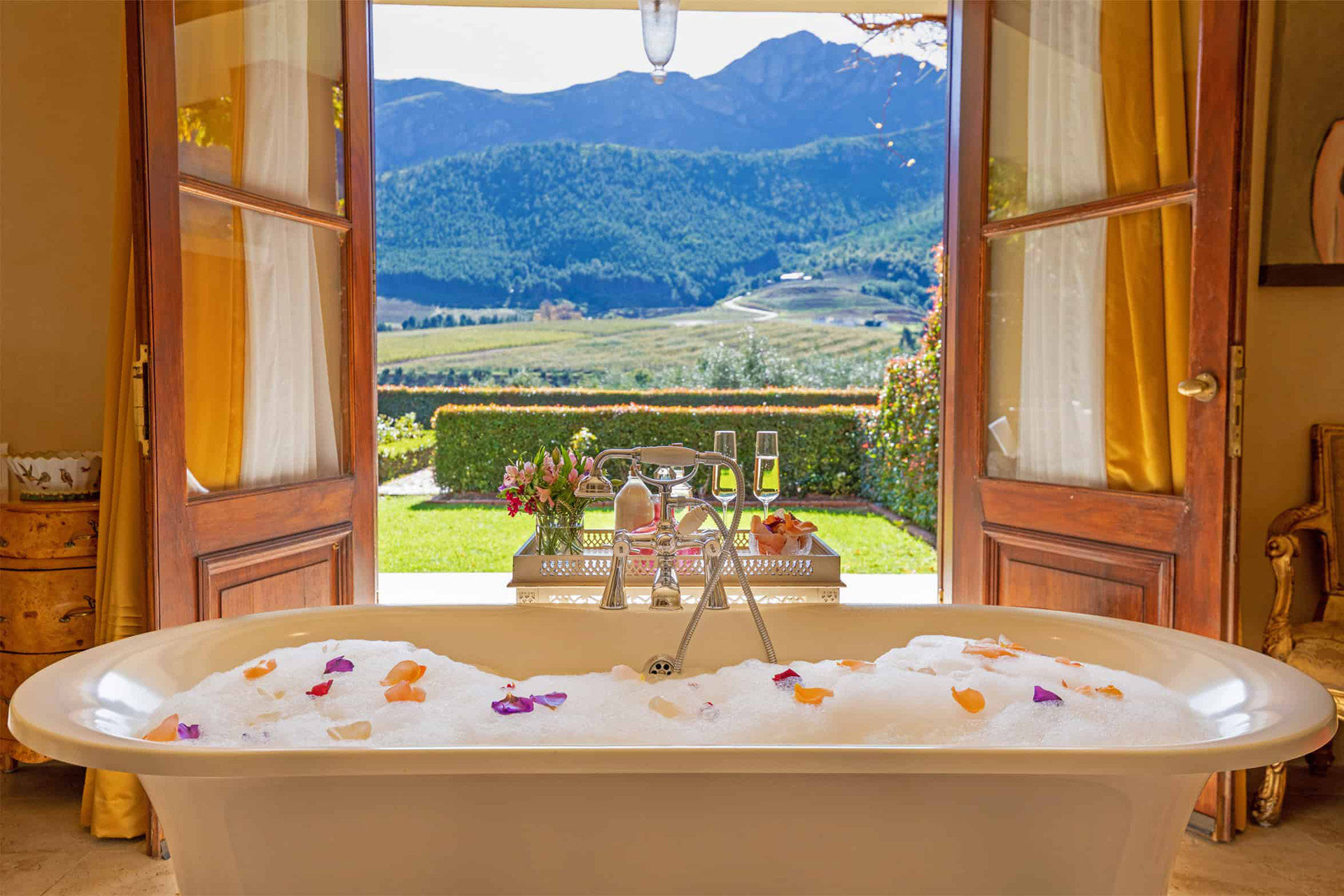 A view of the winelands through a window