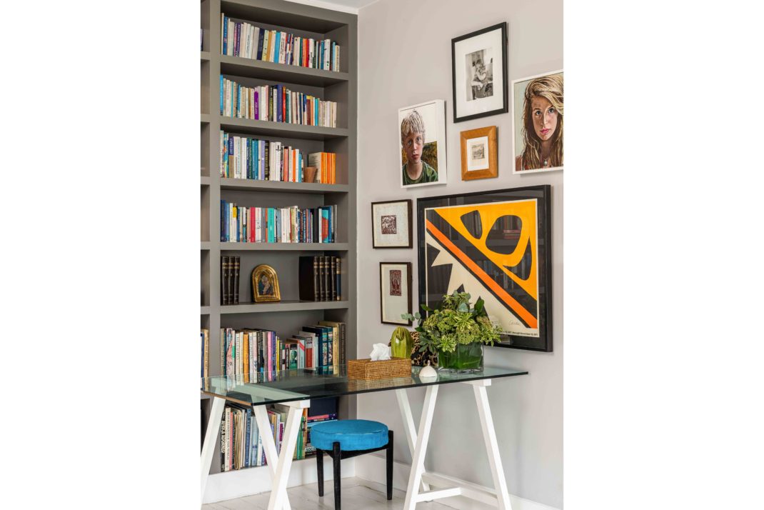 Glass study area and bookshelf