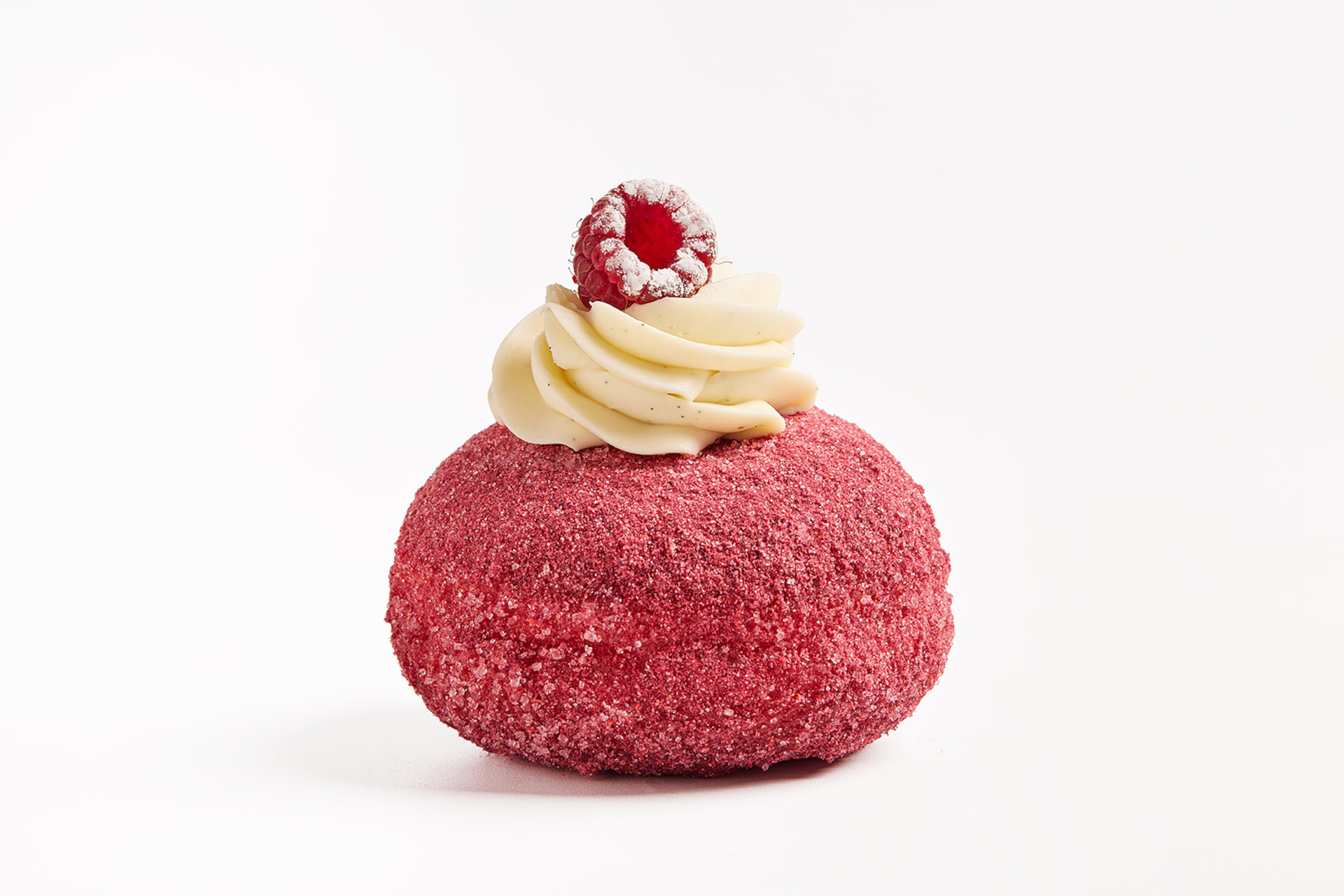 Pink donut with cream and raspberry