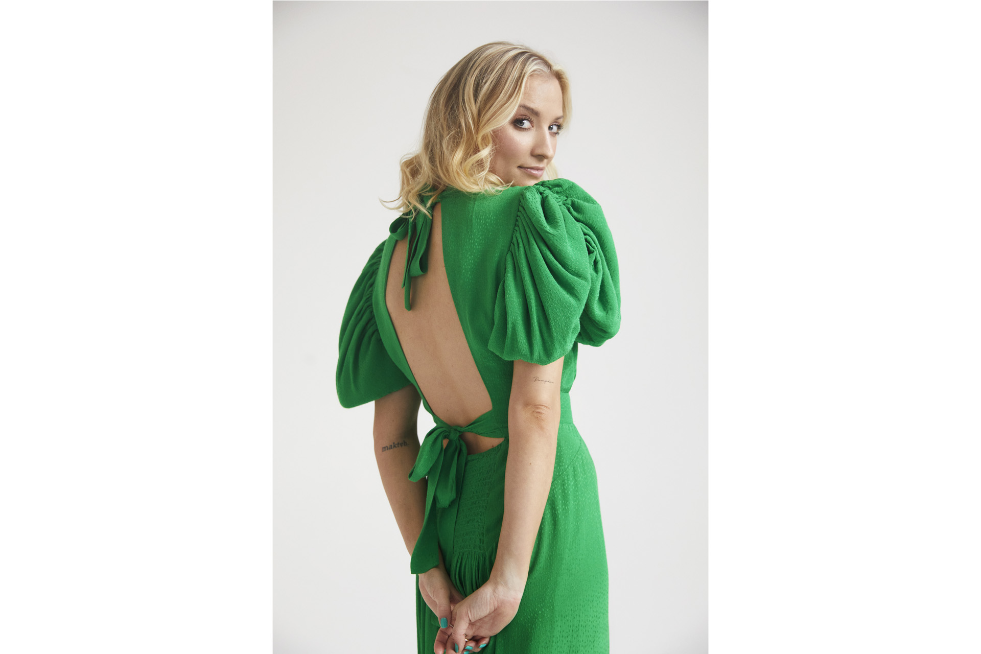 Hayley Morris in a green dress