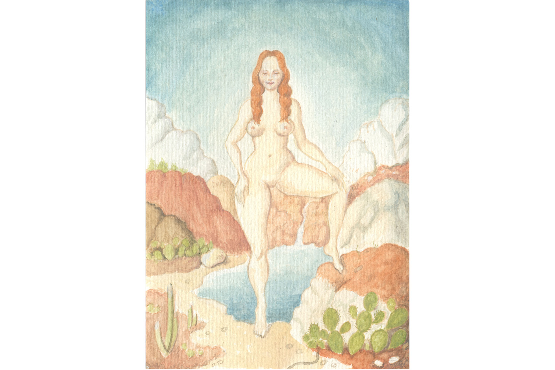 Watercolour painting of a naked woman on a postcard