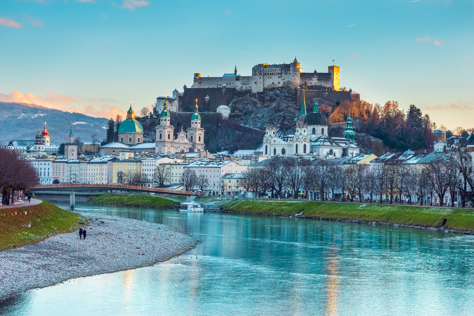 Old town of Salzburg, Austria, at sunset in winter.