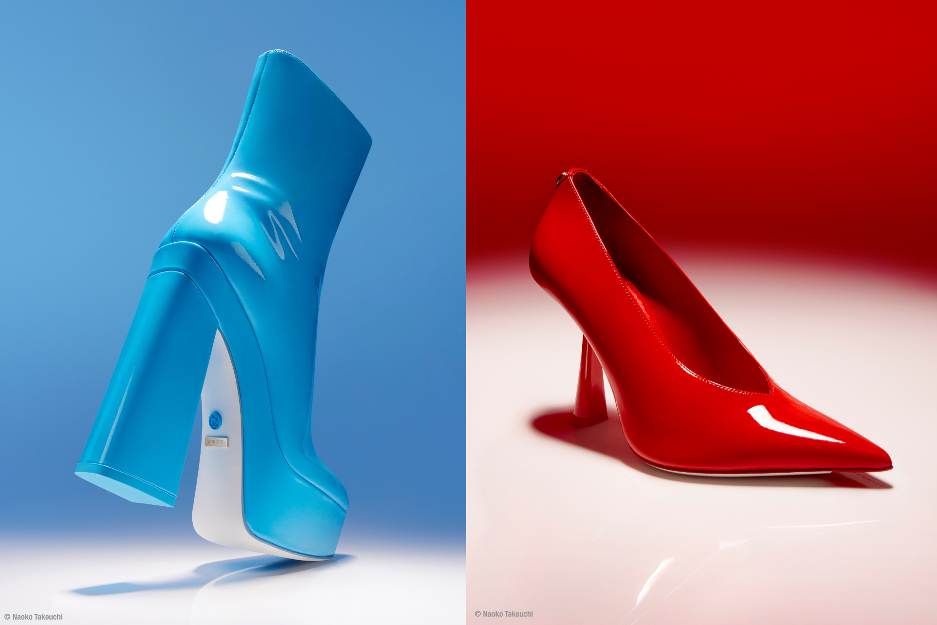 Blue boot and red heeled shoe