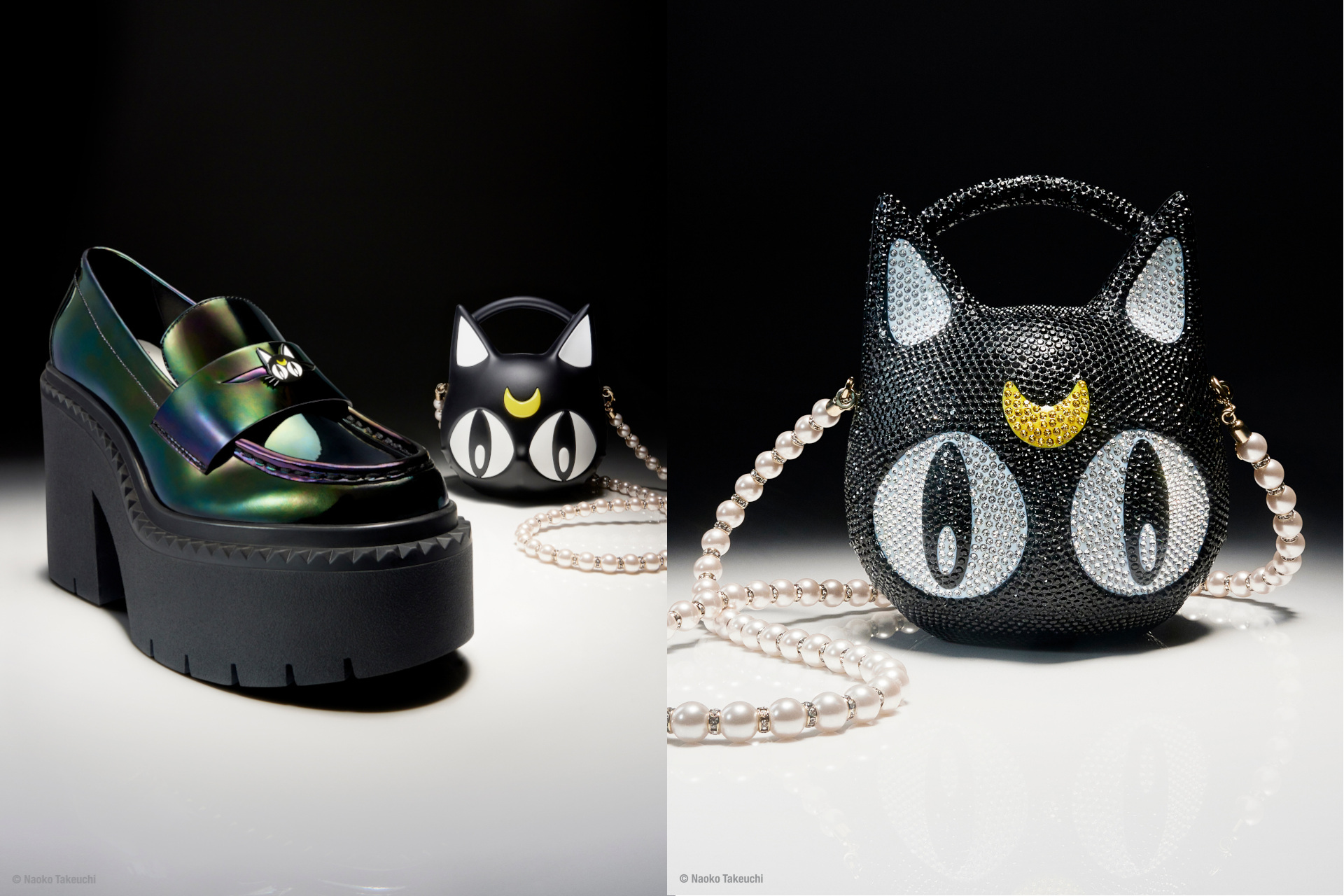Black platform show and cat handbag