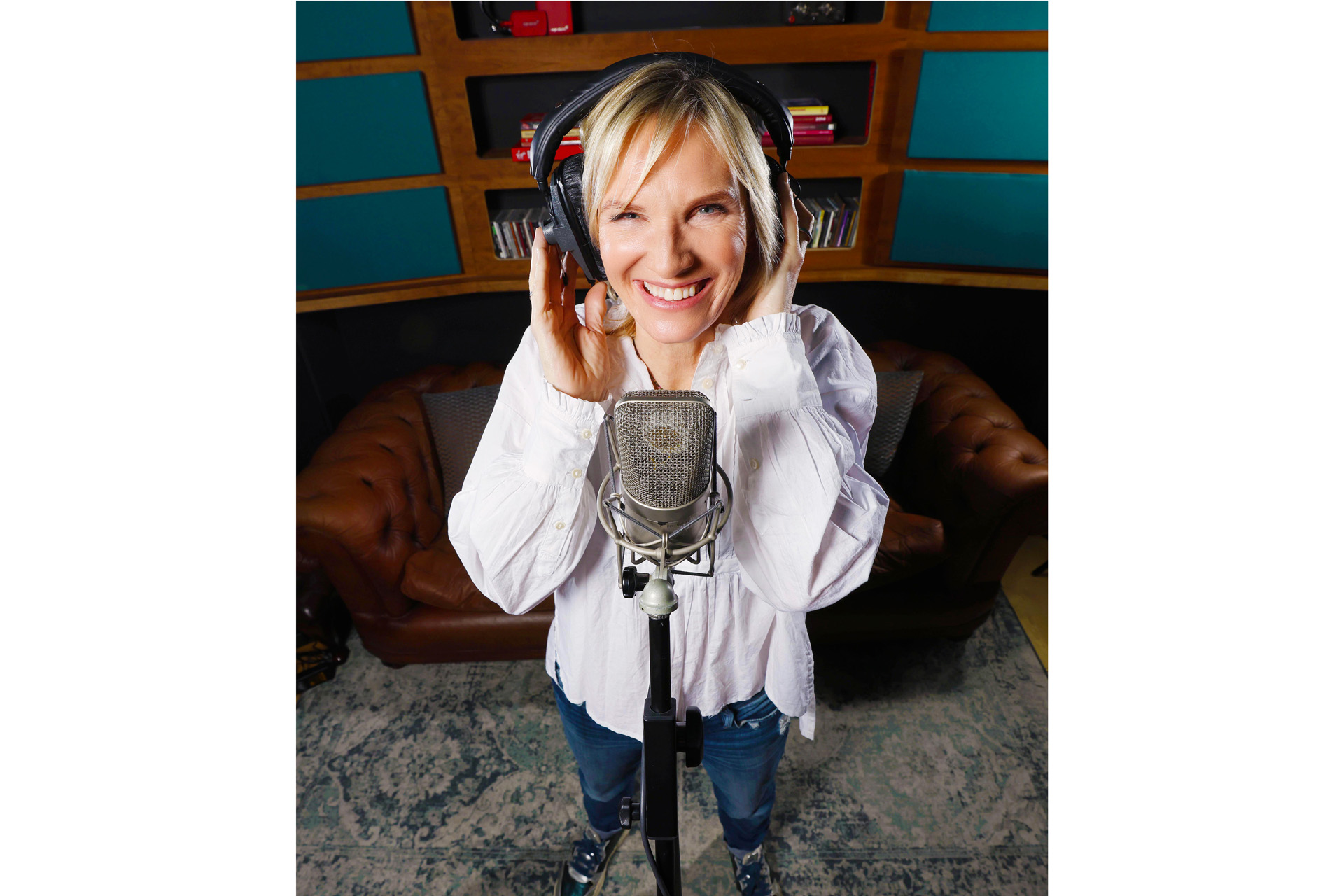 Jo Whiley smiling in the recording studio