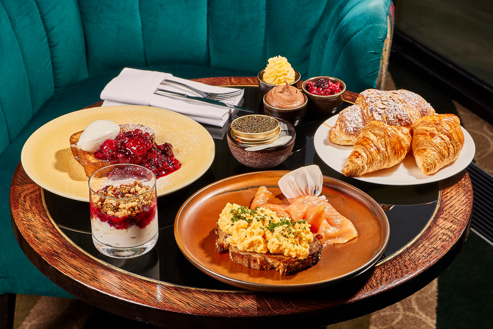 Breakfast on a table at Galvin at Windows restaurant