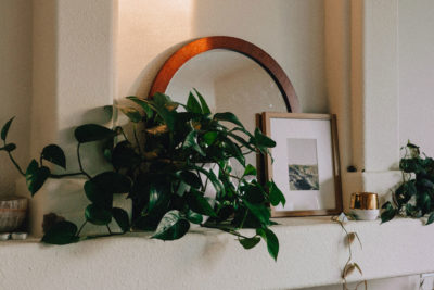 Mantlepiece with a mirror, photo frame, and plant.