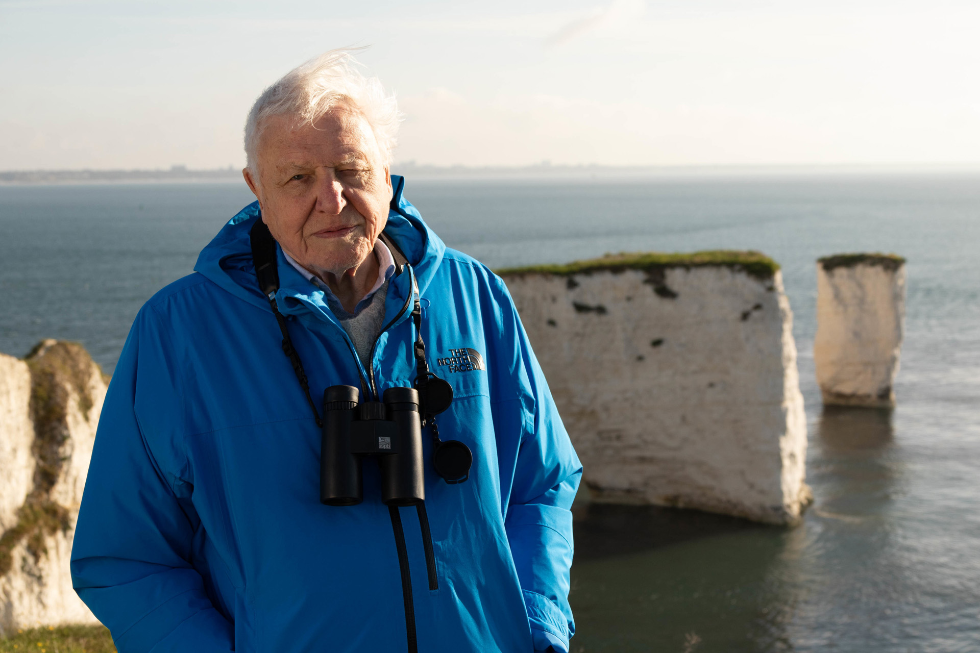 Sir David Attenborough introduces the Wild Isles series at dawn at Old Harry's Rocks, Dorset