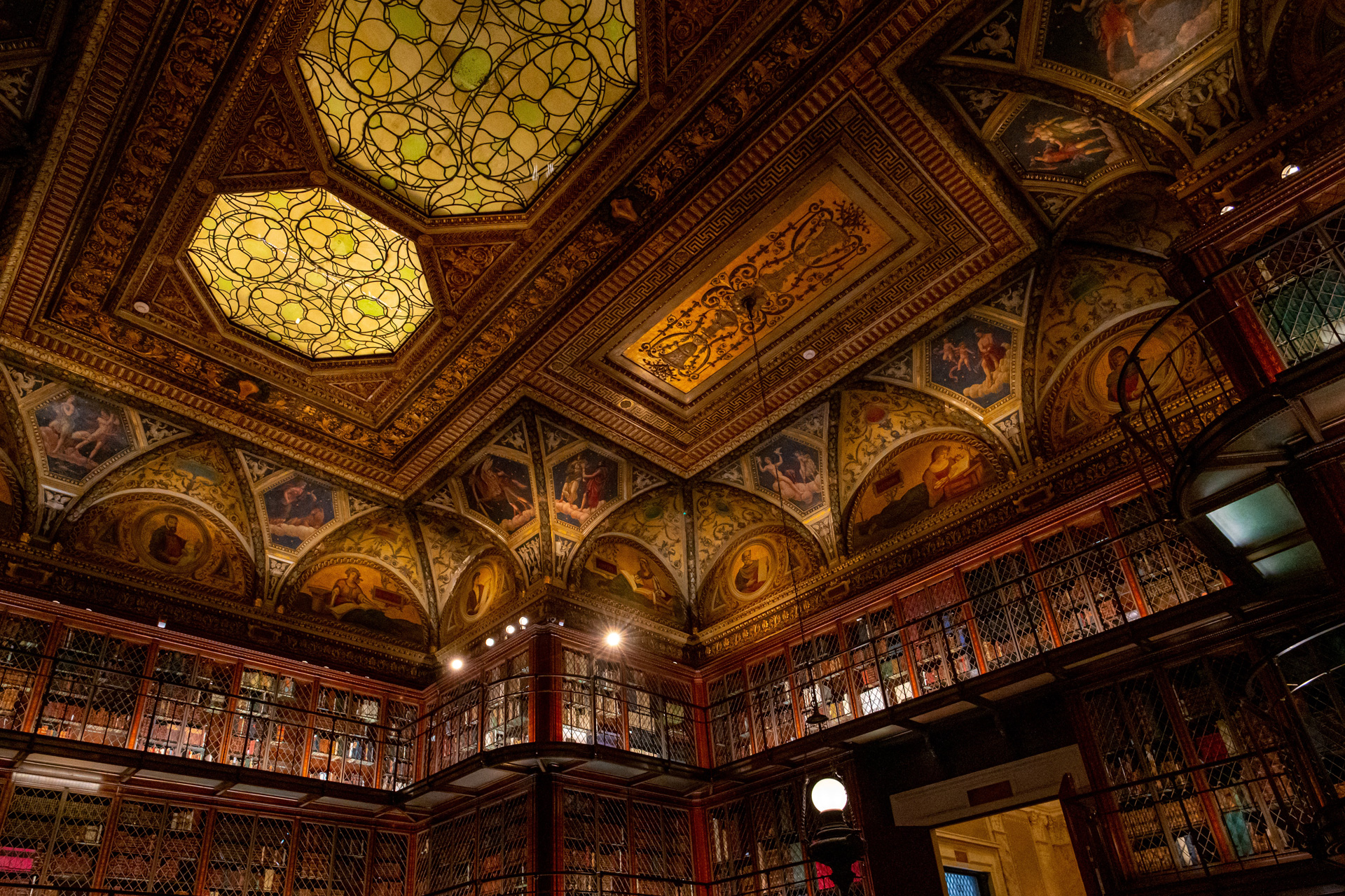 Ceiling of the Morgan Library and Museum in New York, with red patterns and painted designs