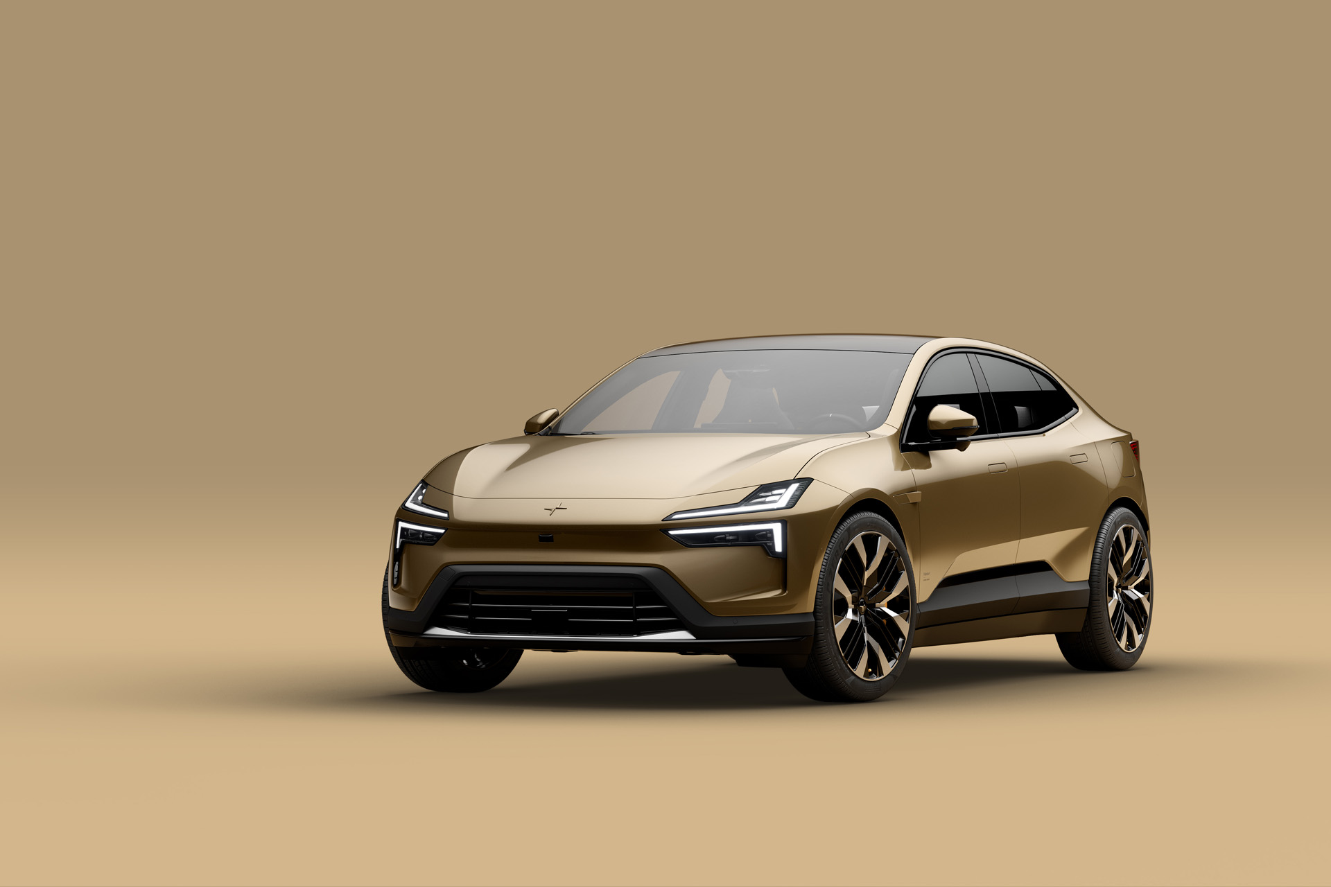 A gold Polestar 4 in a beige studio