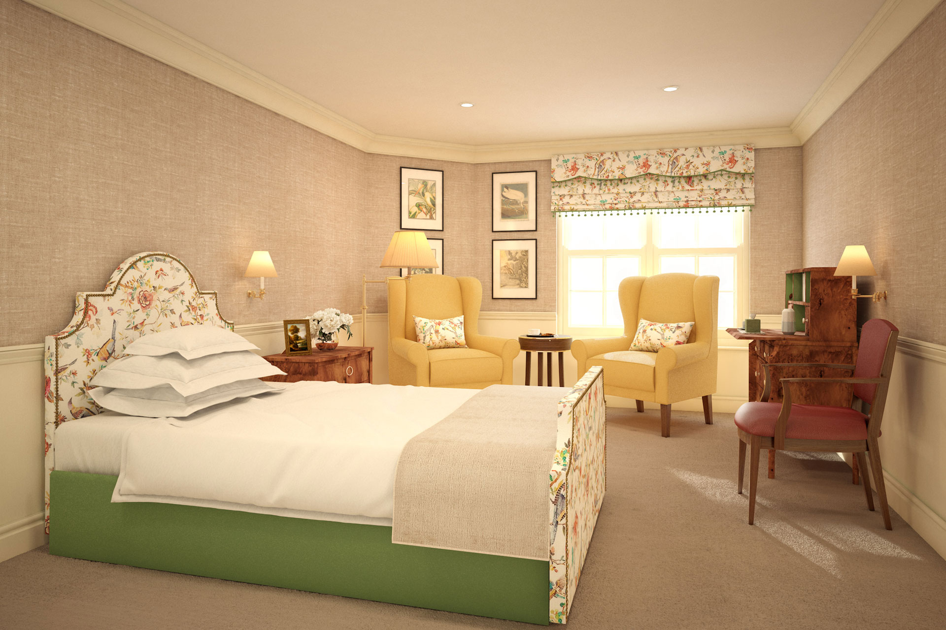 The bedroom in Bickley care home designed by Nina Campbell