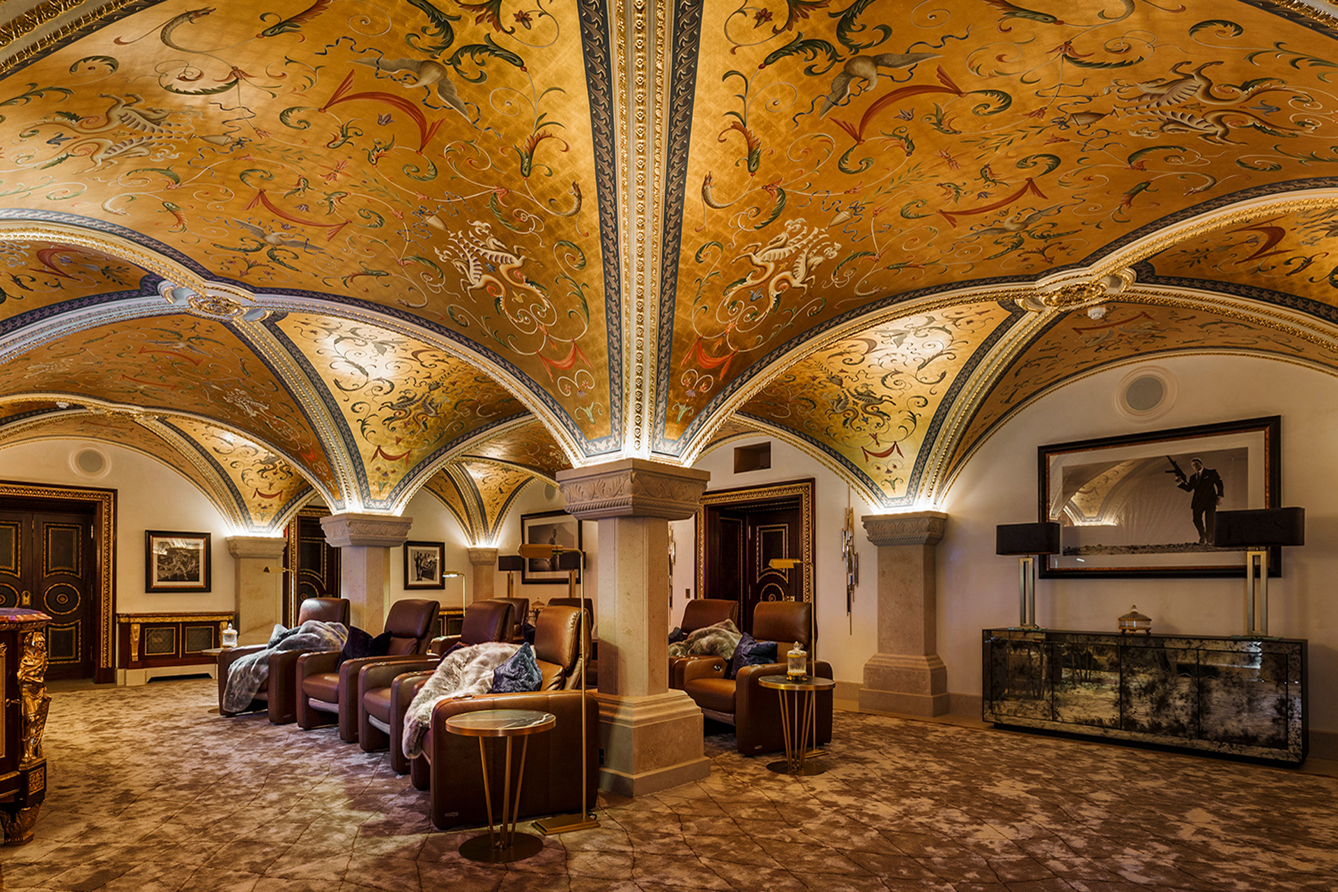 Cinema room with gold-leaf domed ceiling.