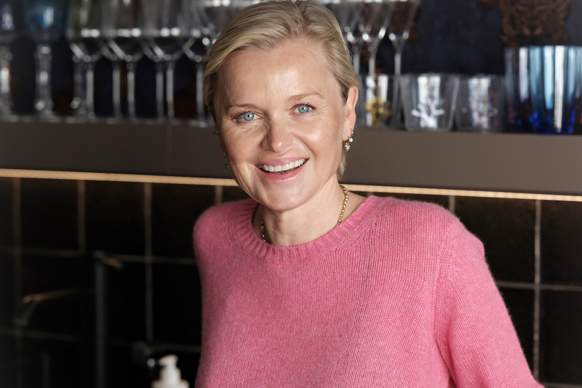 Skincare expert Dr Barbara Sturm wearing a pink fluffy jumper.