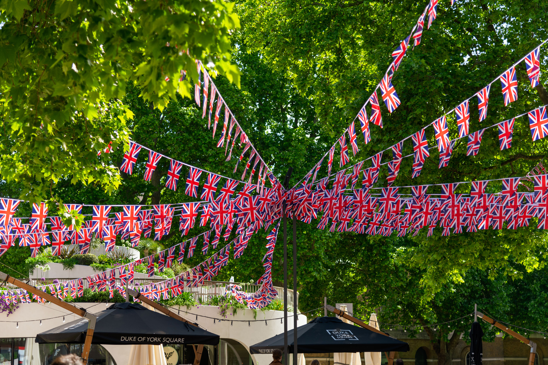 London, United Kingdom - May 22 2022: Union Jack flags on Duke of York Square, Chelsea