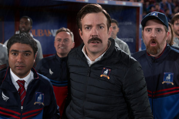 Nick Mohammed, Jason Sudeikis and Brendan Hunt in “Ted Lasso,” now streaming on Apple TV+.