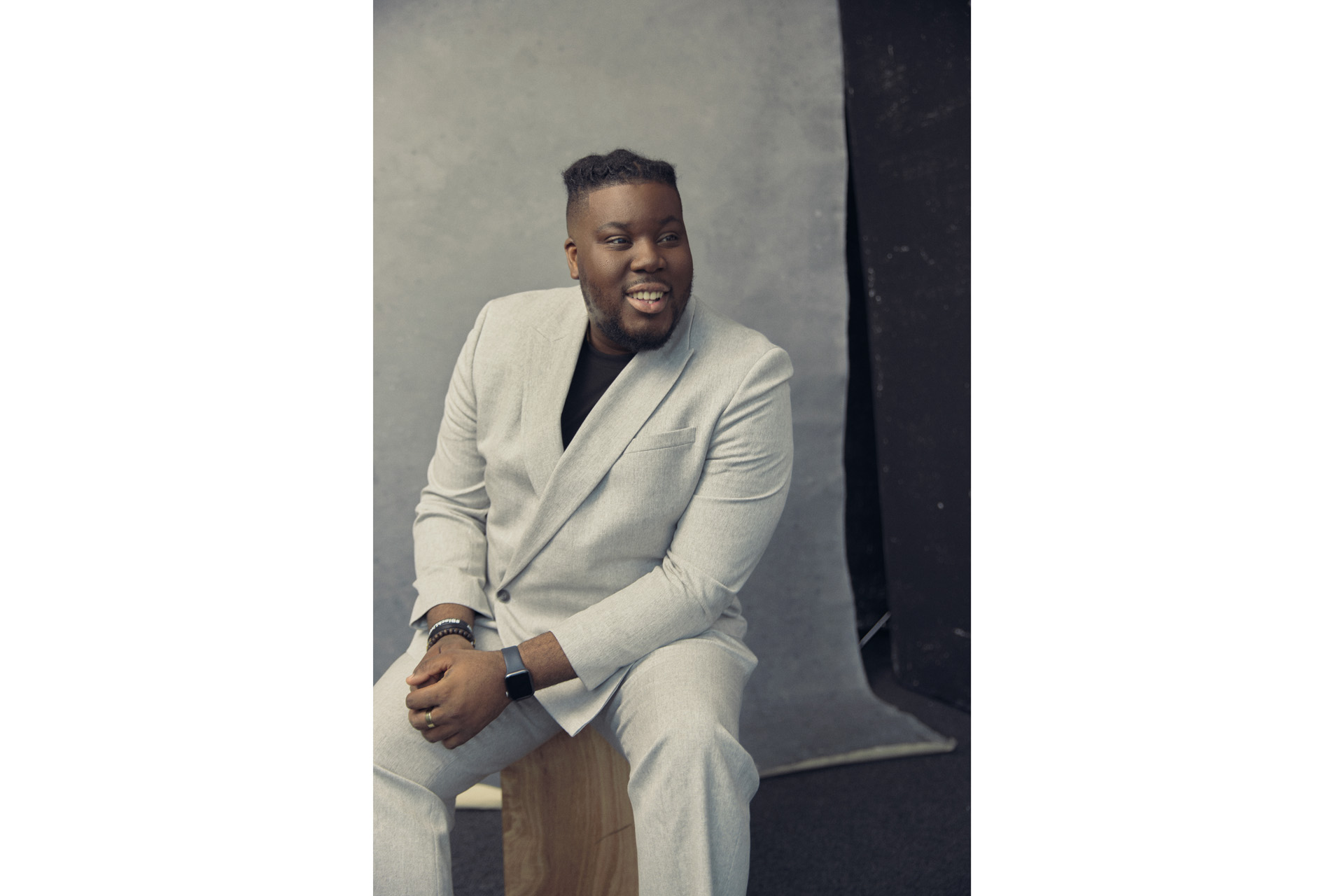 Hammed Animashaun in a white suit