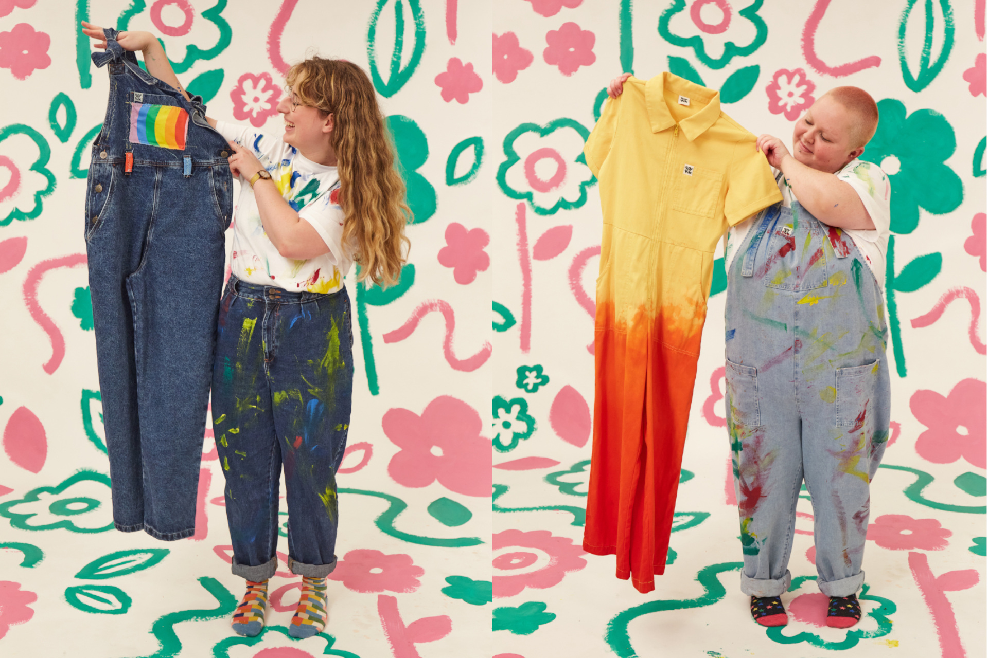 People holding up upcycled clothing on colourful background