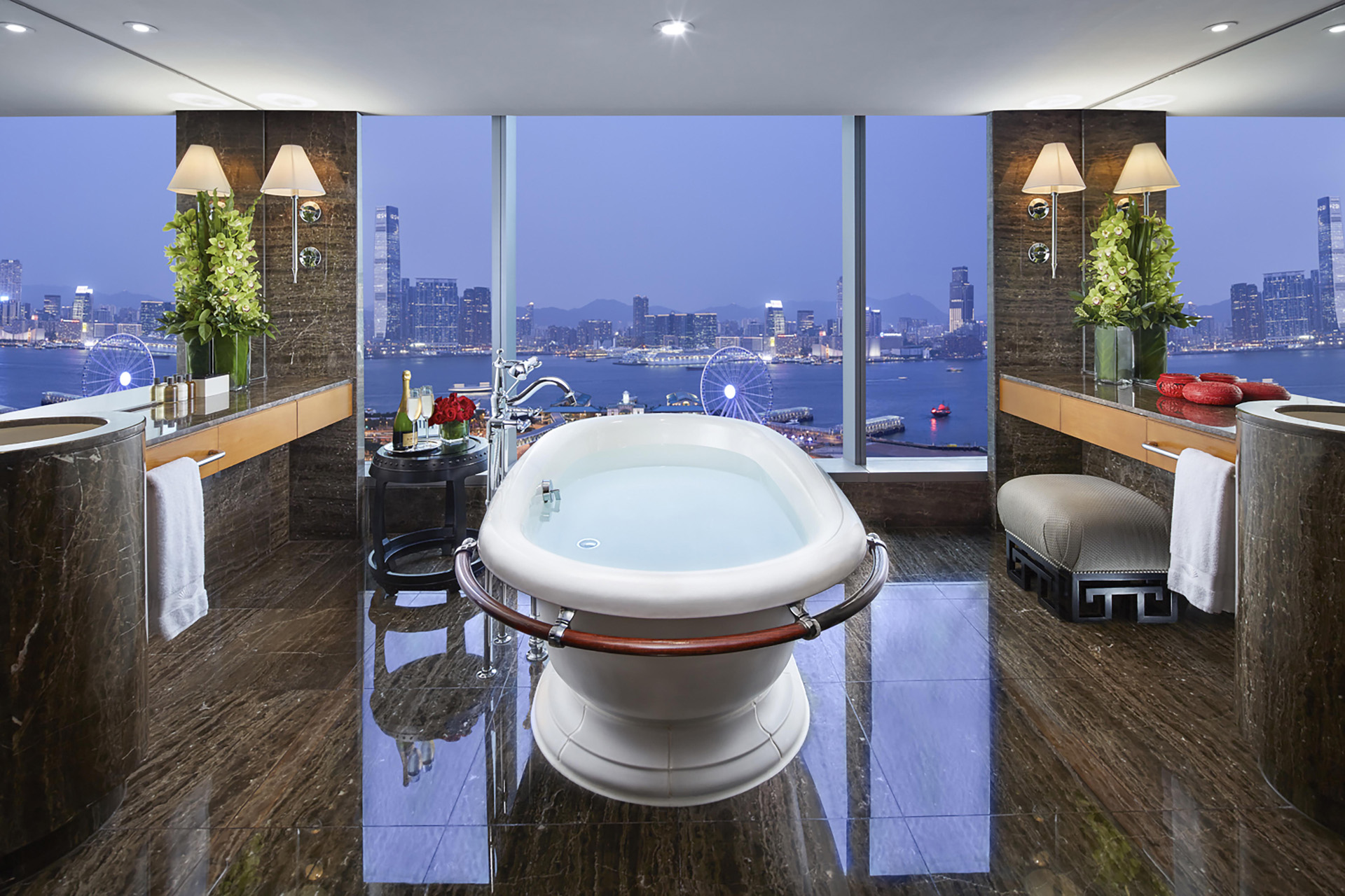 Harbour View Suite Bathroom overlooking Hong Kong