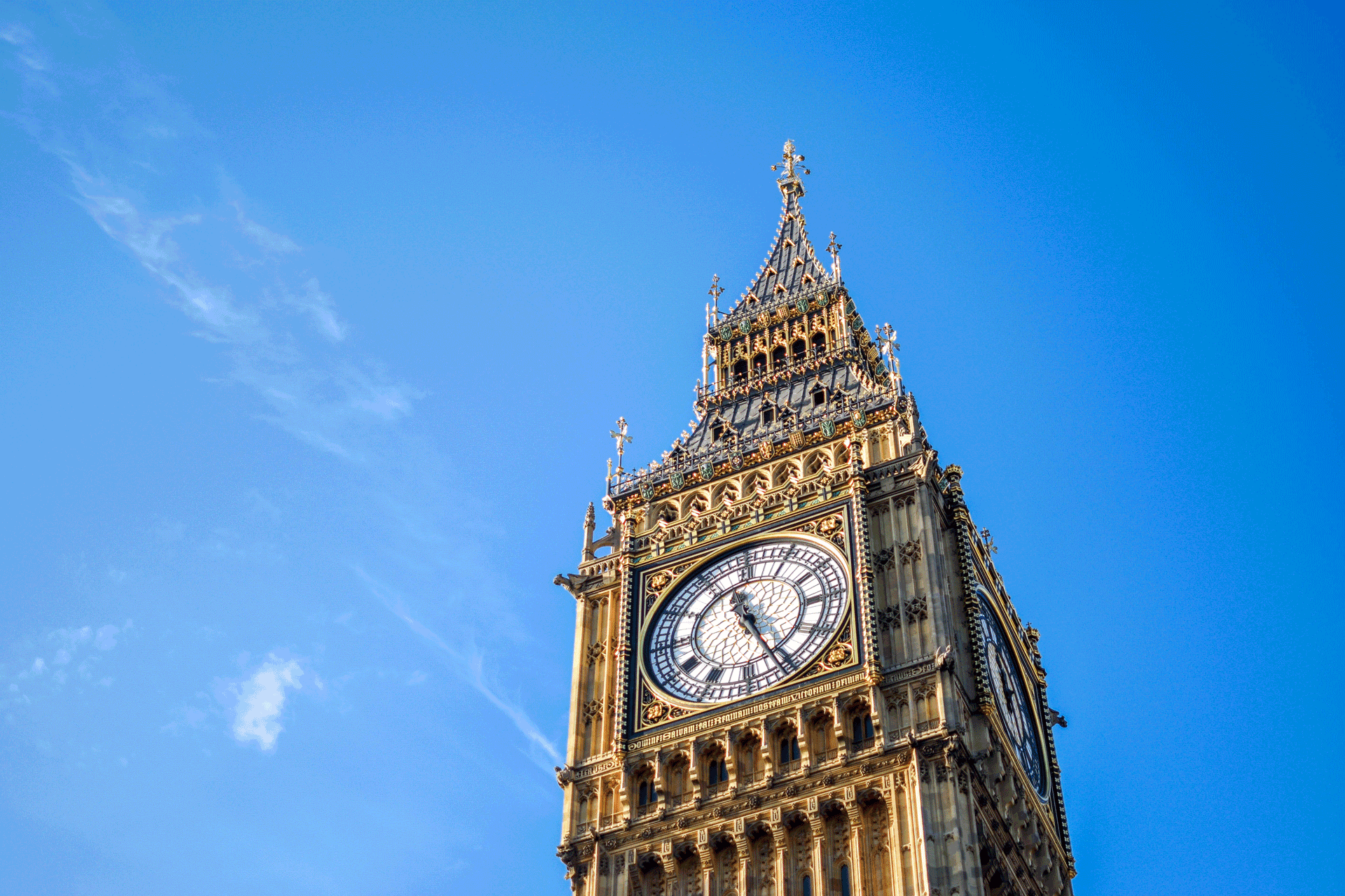 The top of Big Ben, photographed from below.