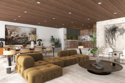 Apartment with mustard yellow modular sofa, wood-panelled ceiling and oval-shaped wooden coffee table