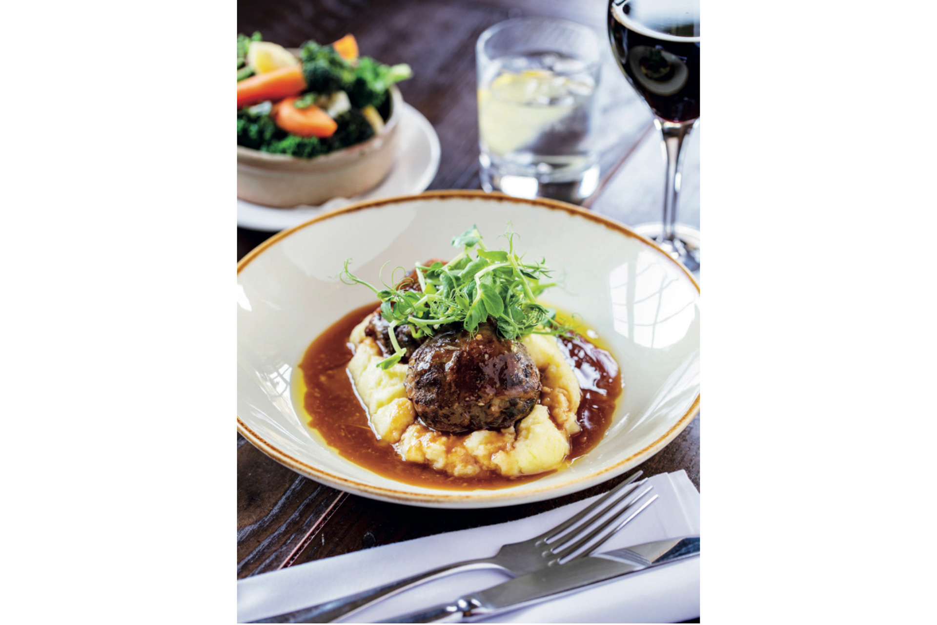 Faggots, Pomme Purée and Horseradish Jus