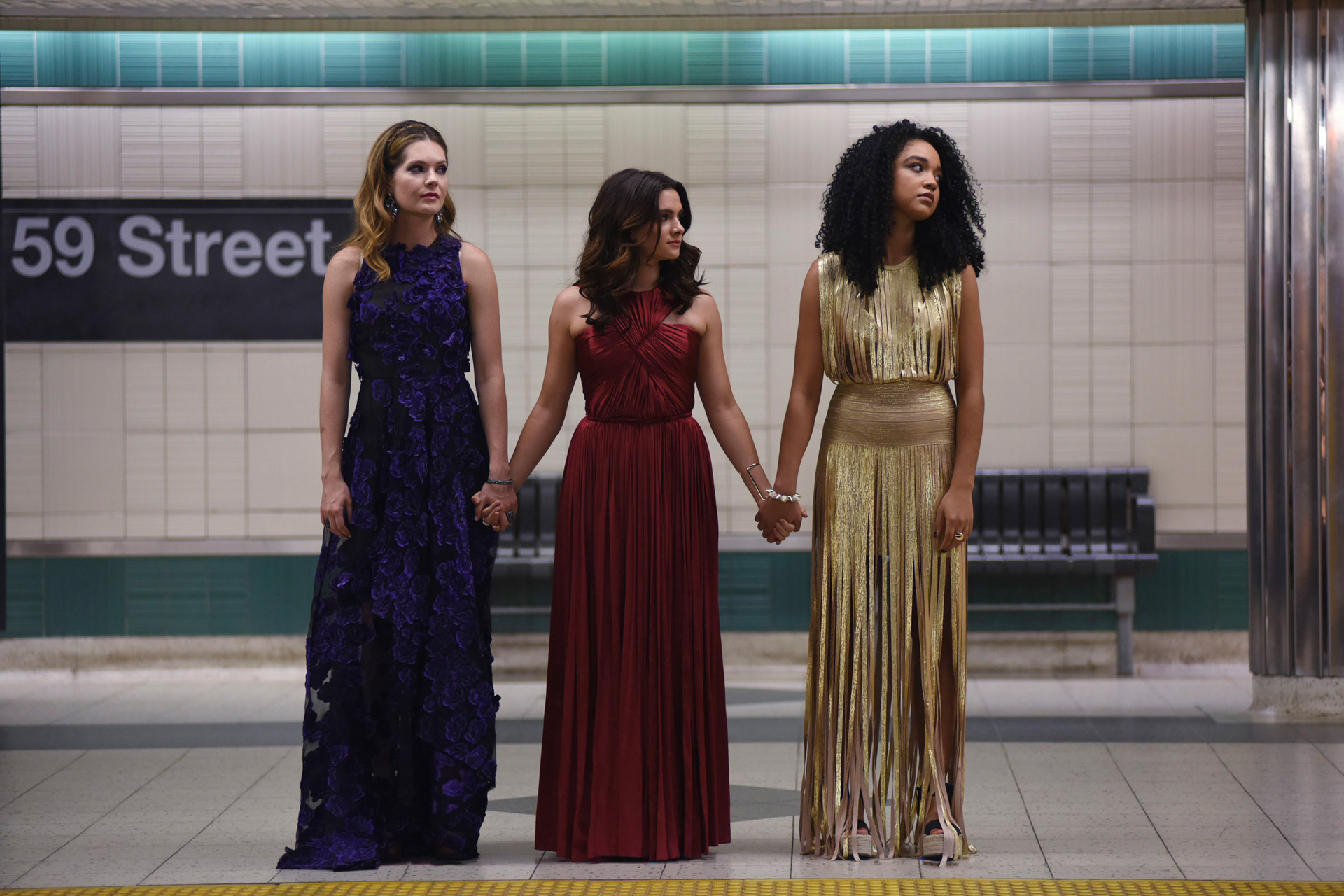 'The Bold Type' characters Sutton, Jane and Kat standing in the NYC subway.