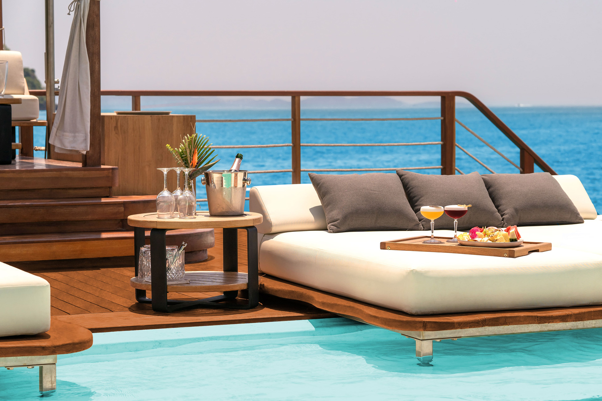 A beach bed at YONA, a floating beach club in Thailand